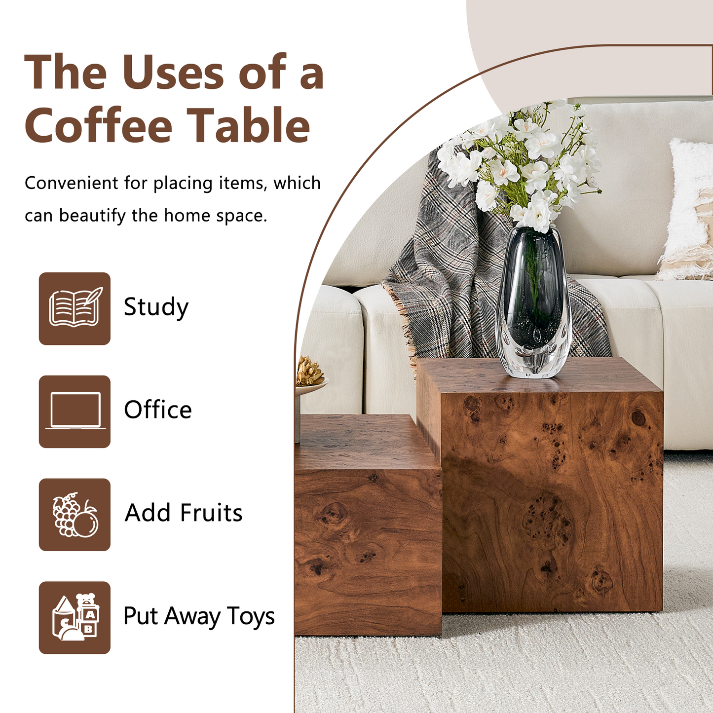 Premium Burl Walnut Veneer MDF Cube Table, Height Adjustable Multi-purpose Coffee Side End Table for Living Room, 15.7"×15.7"×15.7", No Extra Items Included image 7