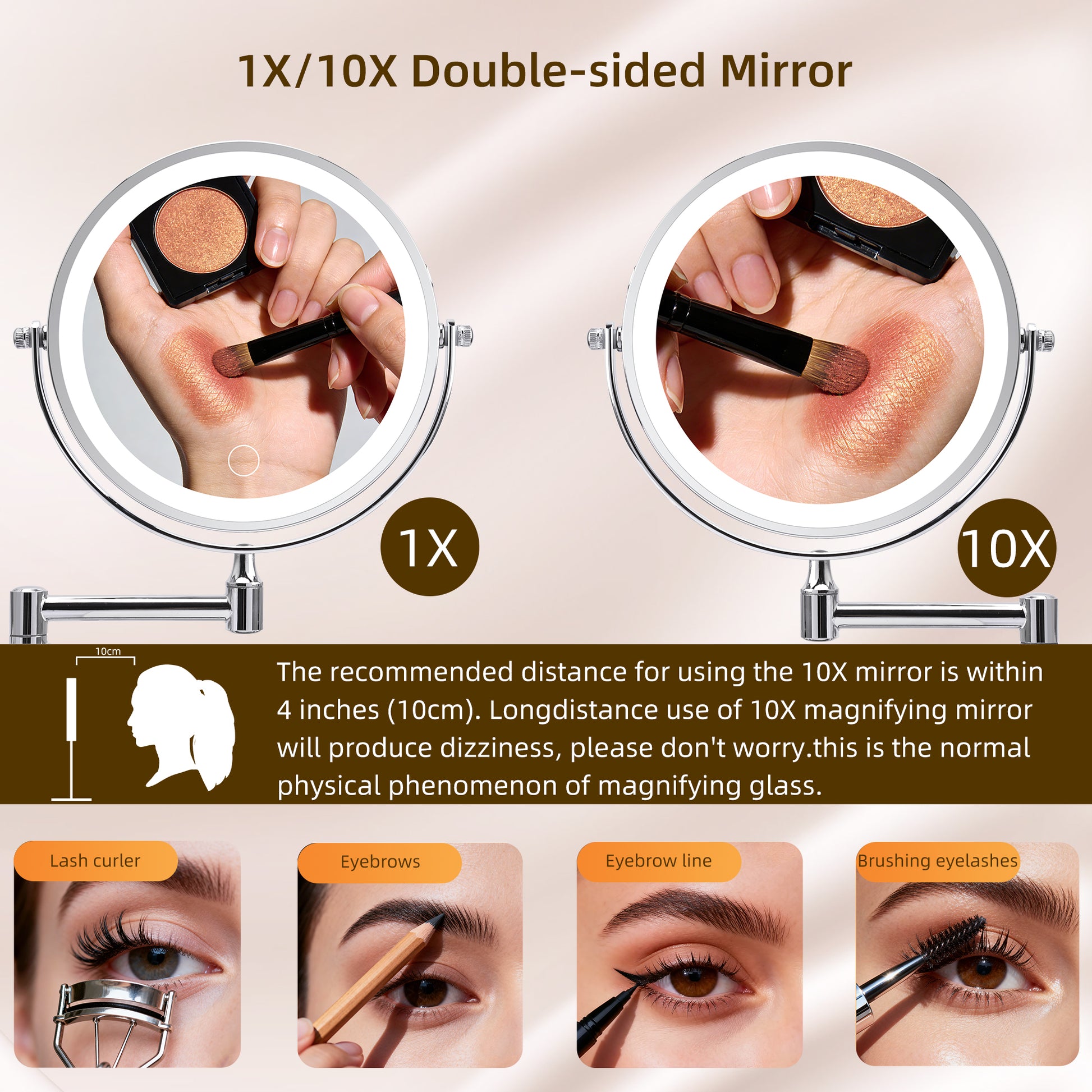 Rechargeable Wall Mounted Makeup Mirror 8'' Magnifying Mirror with Lights Double-Sided 1X/10 360° Rotation Extension Bathroom Shaving Mirror with Foldable Arm image 2