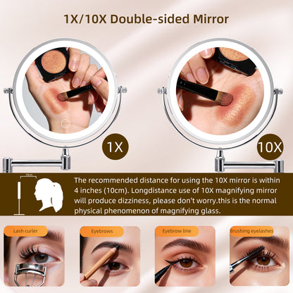 Rechargeable Wall Mounted Makeup Mirror 8'' Magnifying Mirror with Lights Double-Sided 1X/10 360° Rotation Extension Bathroom Shaving Mirror with Foldable Arm image 2