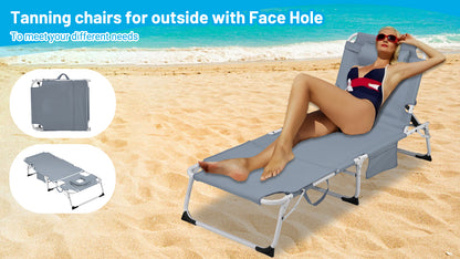 3-in-1 Heavy Duty Tanning Chair with Face Hole Adjustable 5-Position Folding Chaise Lounge Chairs for Outside Portable Lay Flat Beach Lounge Chair for Outdoor Sunbathing Patio Pool Lawn Camping Deck P image 10