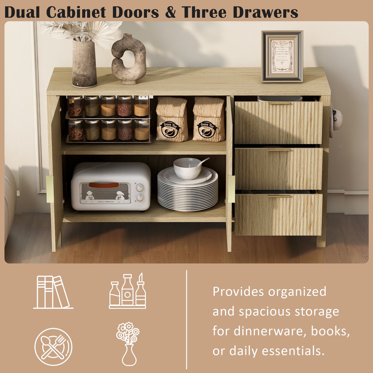 U-Style Modern Wave-Pattern Sideboard with 3 Drawers, Large Storage Buffet Cabinet with Hooks and Extra Center Leg,Suitable for Living Room,Entryway,Hallway. image 9