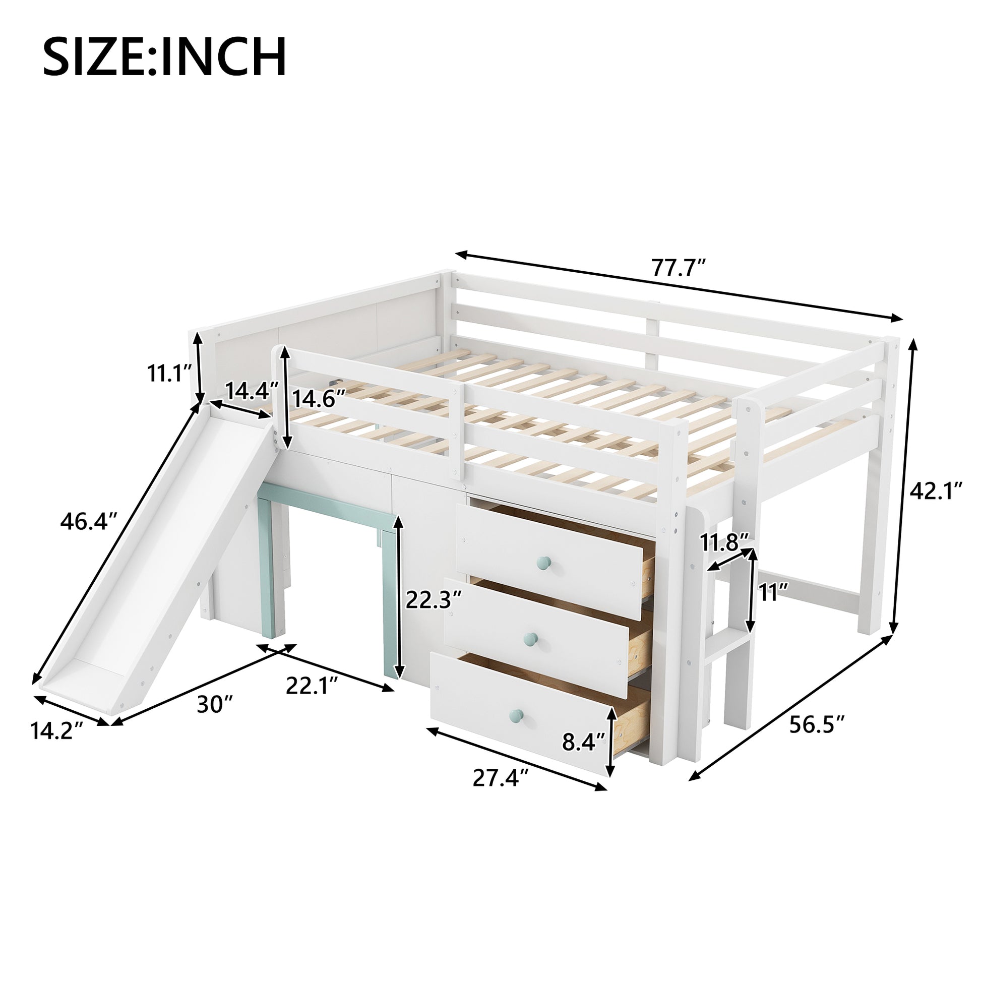 Full Size Low Loft Bed with Slide,Three Storage Drawers and Two Doors,White image 9