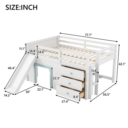 Full Size Low Loft Bed with Slide,Three Storage Drawers and Two Doors,White image 9
