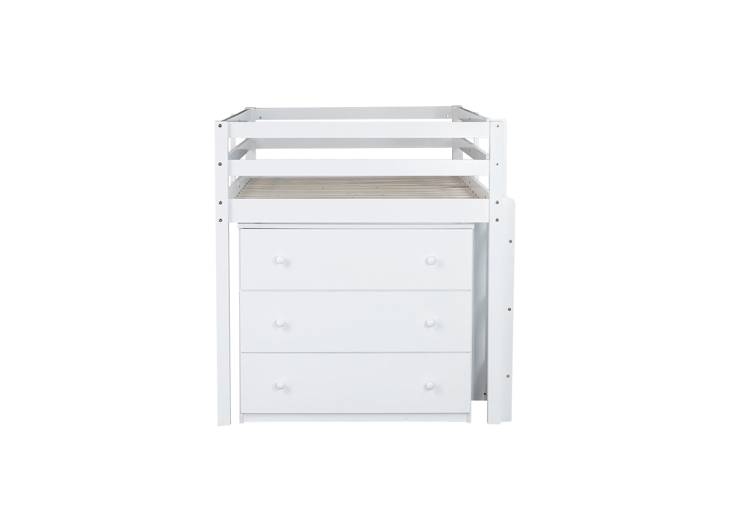 Twin Loft Bed w. stroage case,drawers,Twin Loft Bed with,Drawer Cabinet, Shelf Cabinet and Pulling -Out Desk,Rubber Wood Loft Bed with Safety Guardrail,Ladder,White image 9