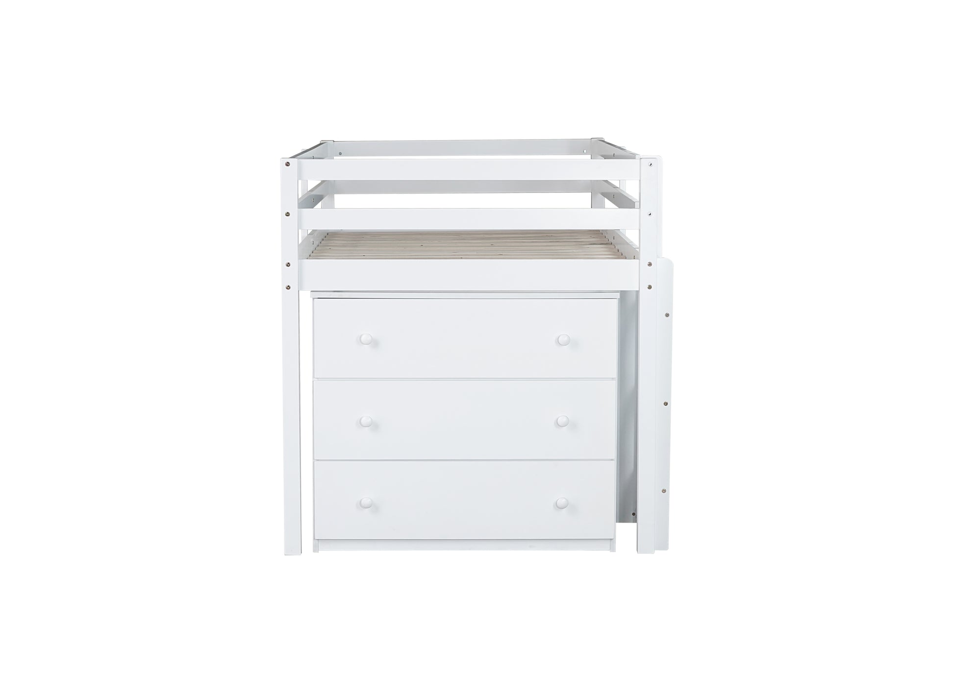 Twin Loft Bed w. stroage case,drawers,Twin Loft Bed with,Drawer Cabinet, Shelf Cabinet and Pulling -Out Desk,Rubber Wood Loft Bed with Safety Guardrail,Ladder,White image 9
