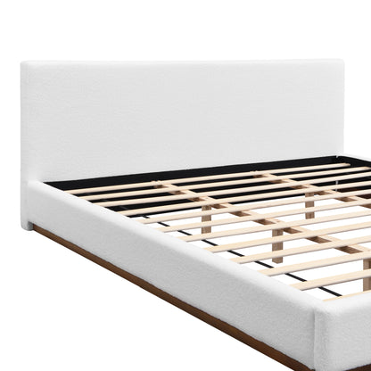 Elegant White Fabric Upholstered Bed With Nice Wood Grain Textured Brown Solid Wood Base Frame,White,King image 7