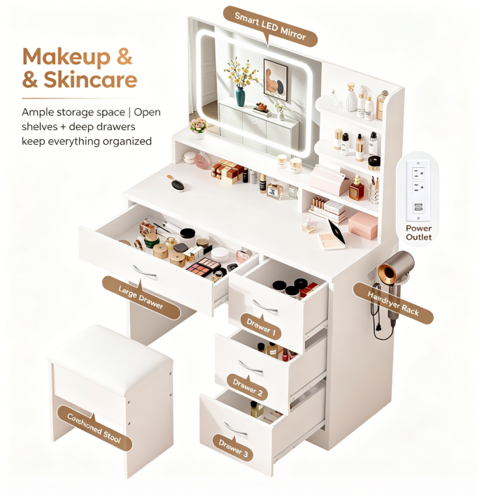 Elegant vanity includes lighted mirror and storage drawers; white makeup table for women; suitable for various settings including bedrooms, living rooms, and dorms image 6