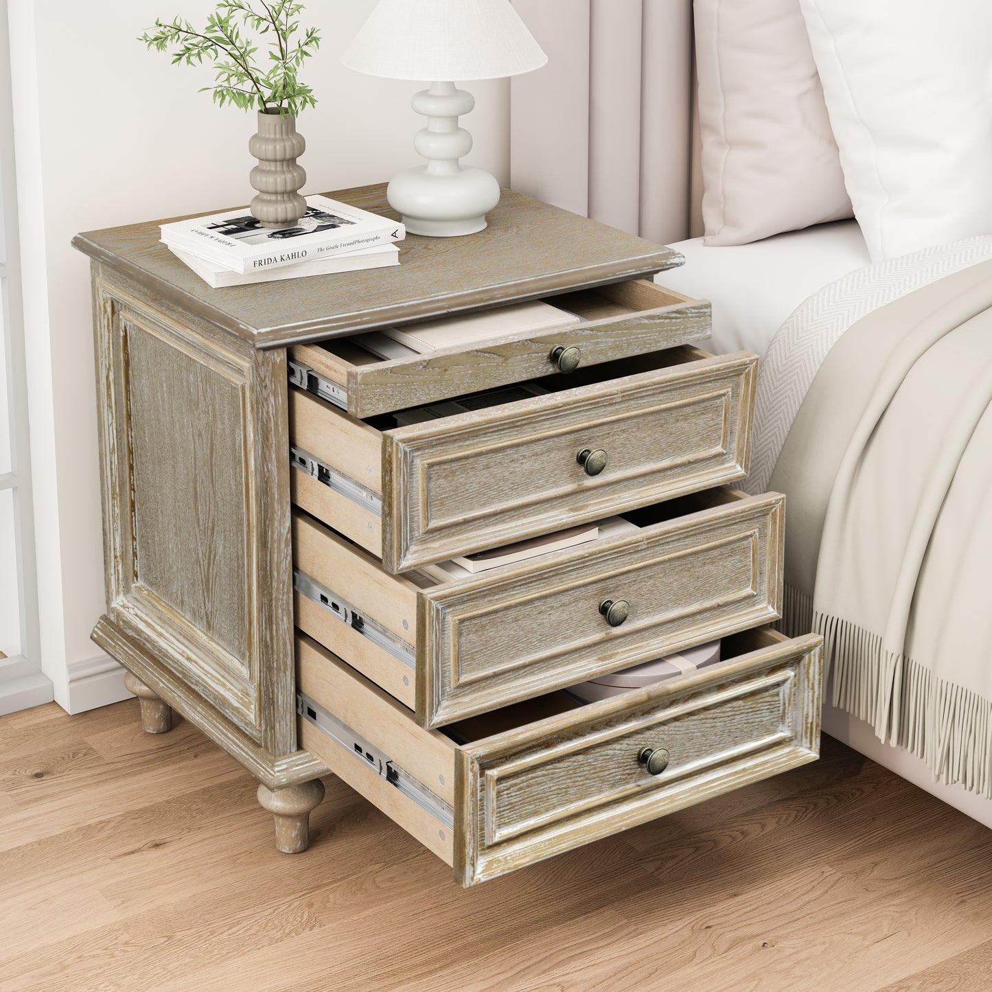 Farmhouse Nightstands with 4 Drawer,Wood Storage End Table with Hidden Pull-Out Shelf, Large Side Table with 4 Solid Wood Feet and Metal Handle,Easy Assembly,Natural image 3