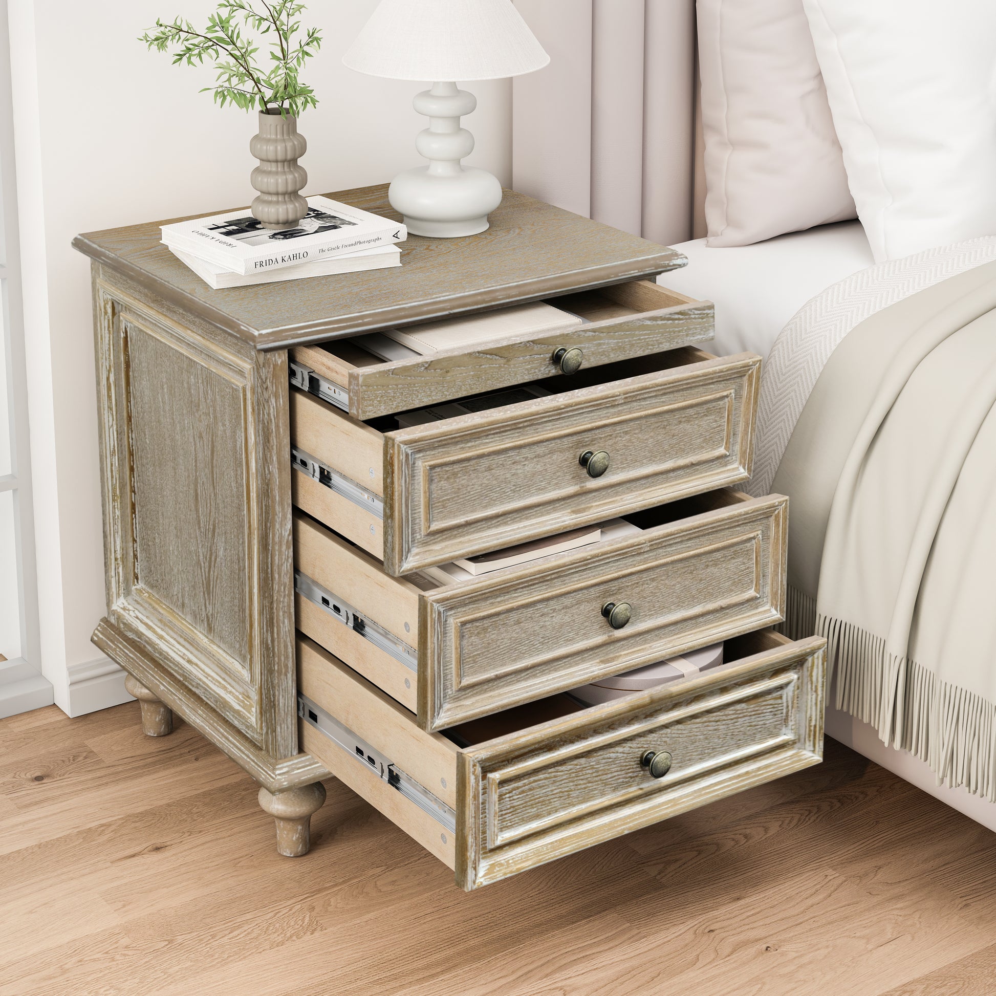 Farmhouse Nightstands with 4 Drawer,Wood Storage End Table with Hidden Pull-Out Shelf, Large Side Table with 4 Solid Wood Feet and Metal Handle,Easy Assembly,Natural image 3