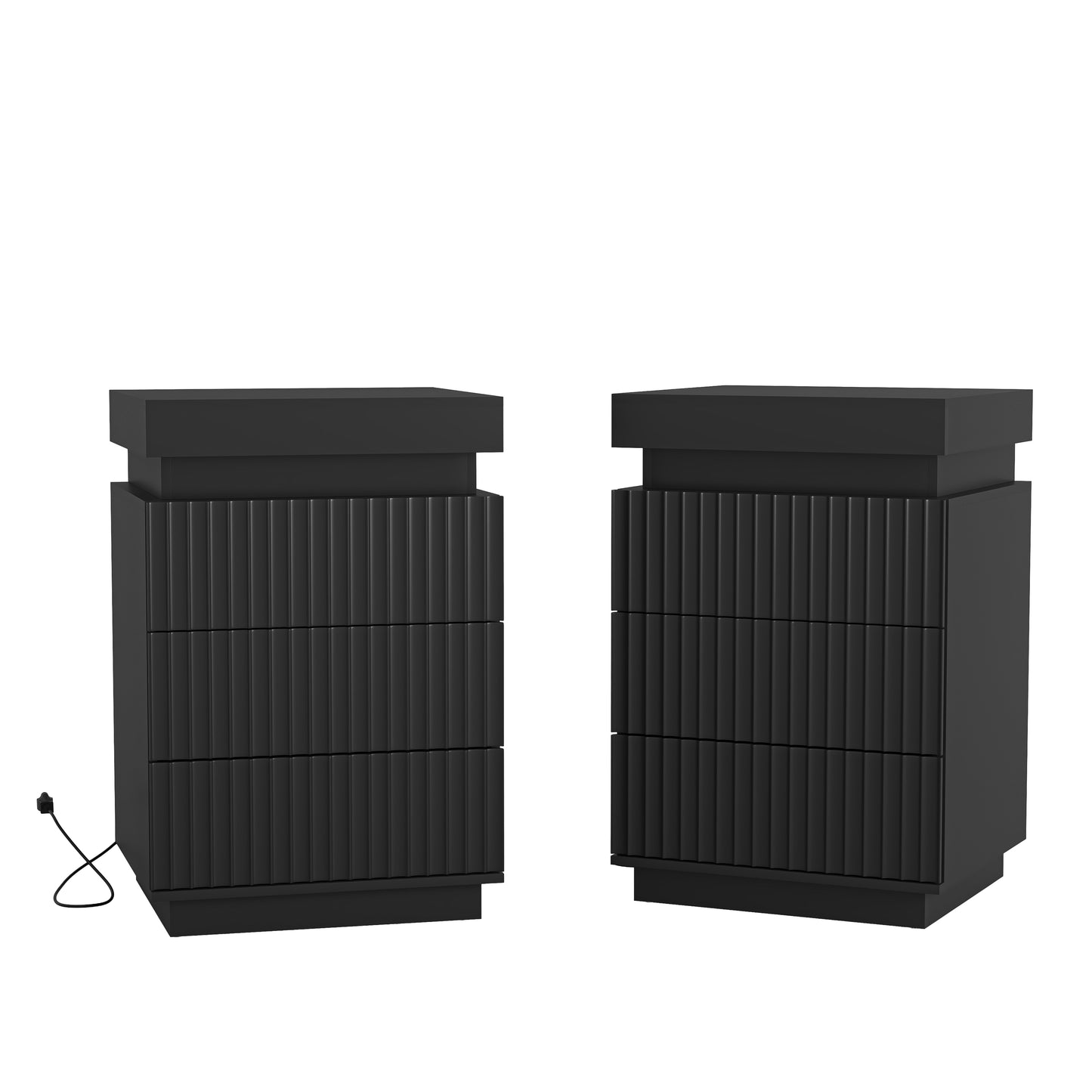 (Set of 2) Black Nightstand Set of 2 with Charging Station & LED Lights, Fluted Wave Panel Bedside Table with Sliding Top Hidden Storage, Night Stand for Bedroom Living Room image 1