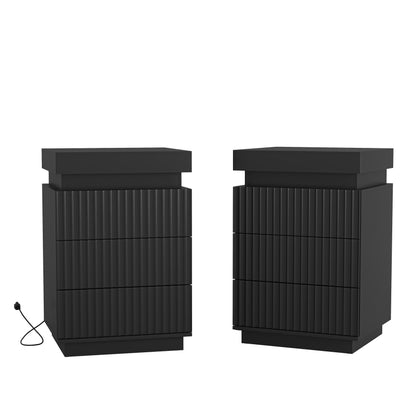 (Set of 2) Black Nightstand Set of 2 with Charging Station & LED Lights, Fluted Wave Panel Bedside Table with Sliding Top Hidden Storage, Night Stand for Bedroom Living Room image 1