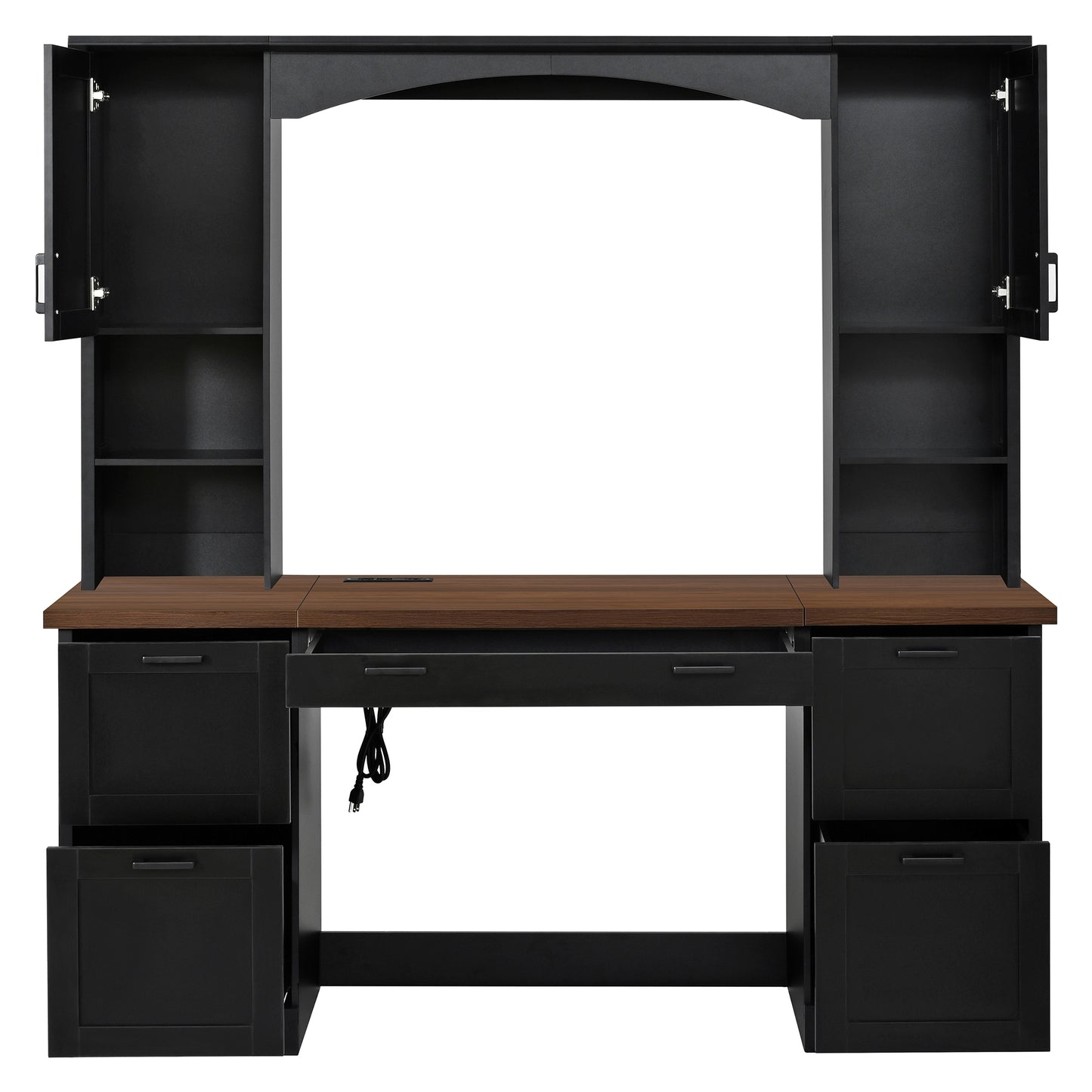 ON-TREND Farmhouse Arched Computer Desk with Hutch, Mid-Century Walnut Home Office Workstation with Charging Station & Keyboard Tray, All-in-One Writing Desk with File Drawer for Study, Office, Black image 11