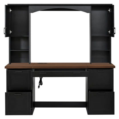 ON-TREND Farmhouse Arched Computer Desk with Hutch, Mid-Century Walnut Home Office Workstation with Charging Station & Keyboard Tray, All-in-One Writing Desk with File Drawer for Study, Office, Black image 11