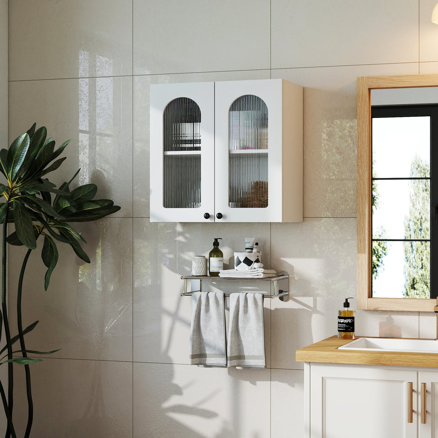 Wall Cabinet,Arched Glass door Display Wall Mounted Cabinet, Floating Cabinet with inadjustable Shelves for Kitchen,Bathroom,Living Room image 2