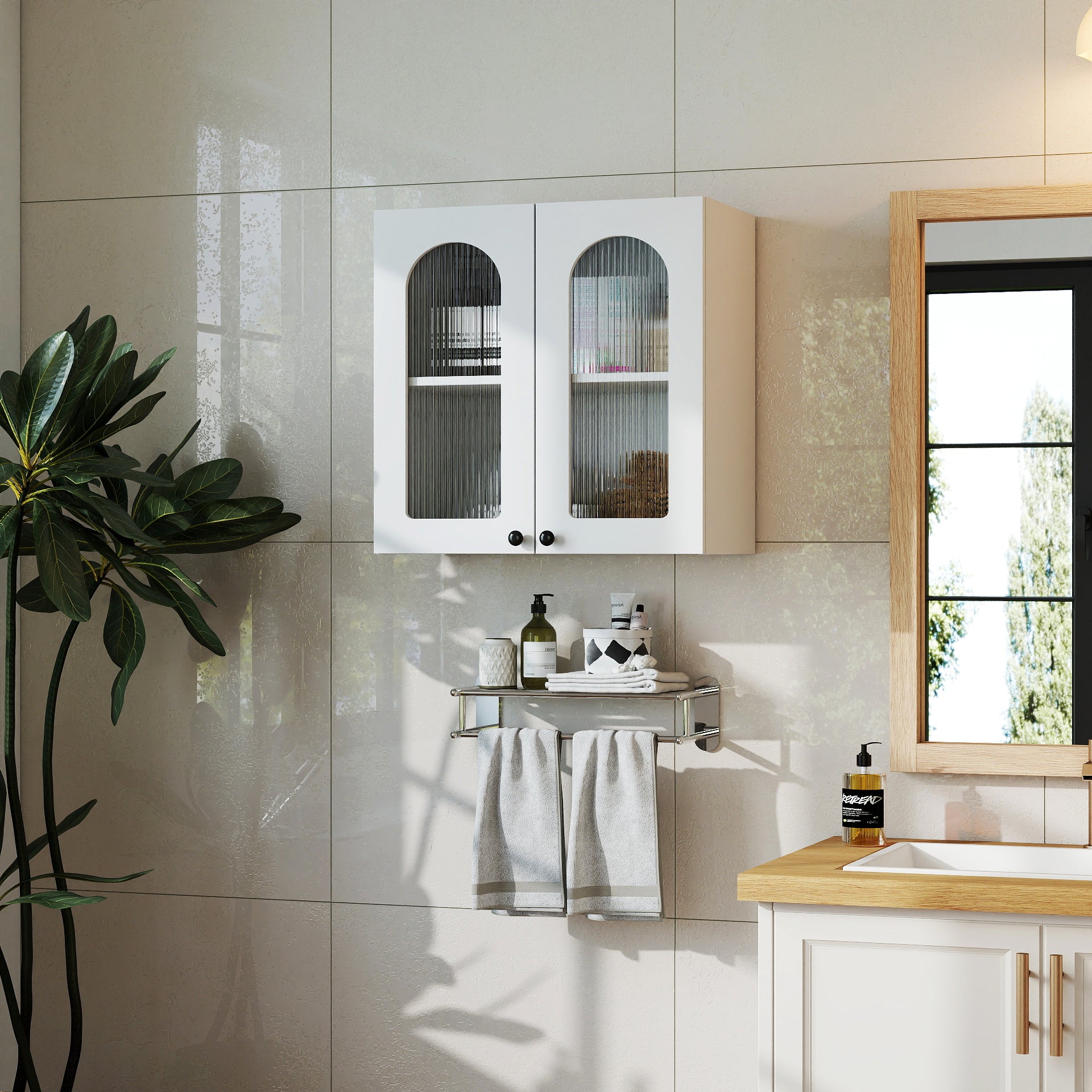 Wall Cabinet,Arched Glass door Display Wall Mounted Cabinet, Floating Cabinet with inadjustable Shelves for Kitchen,Bathroom,Living Room image 2