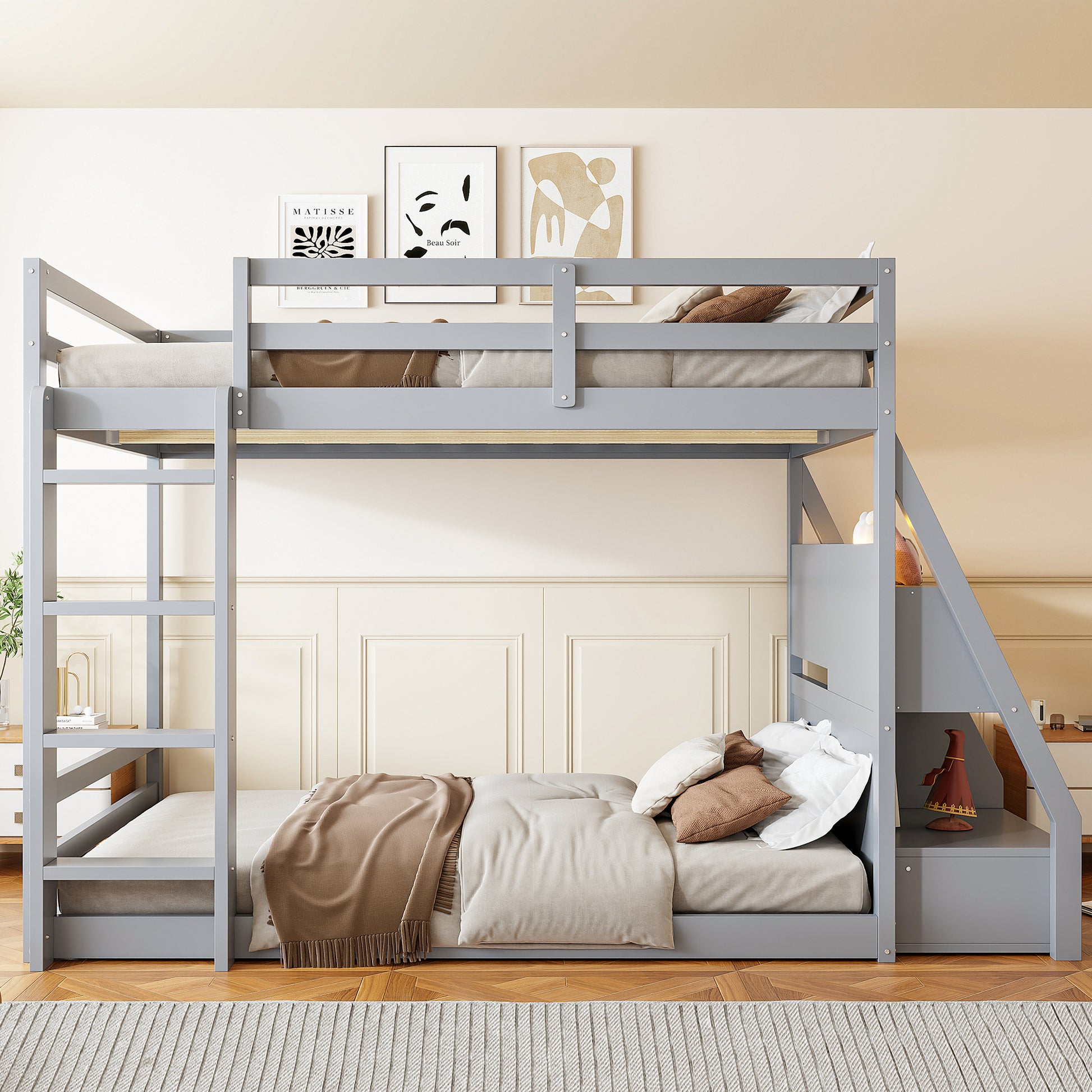 Full Bunk Bed with APP-Controlled LED Lights (7 Colors), USB Ports, Storage Shelves and 2 Drawers,Gray image 2