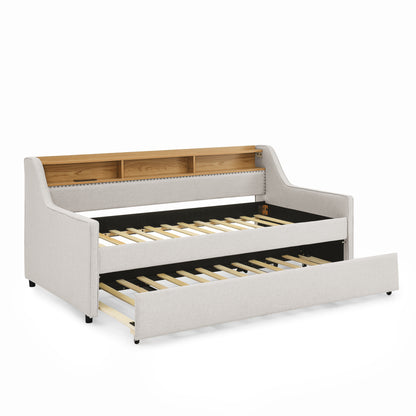 Twin Size Upholstery Sofa Bed with Three LED lights, with Storage Adjustable Headboard, with Foldable Leg Pull up Trundle Bed and Wireless Charging, Linen Padded Sofa Bed frame, Beige image 10