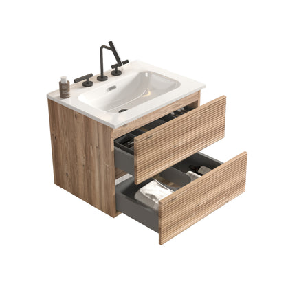 Gloria 24" Wall Mounted Rough Oak&Rough Oak Bathroom Vanity with Integrated Ceramic Sink with 3 holes, Overflow, Large Storage Floating Bathroom Vanity for Modern Bathroom, KD image 11