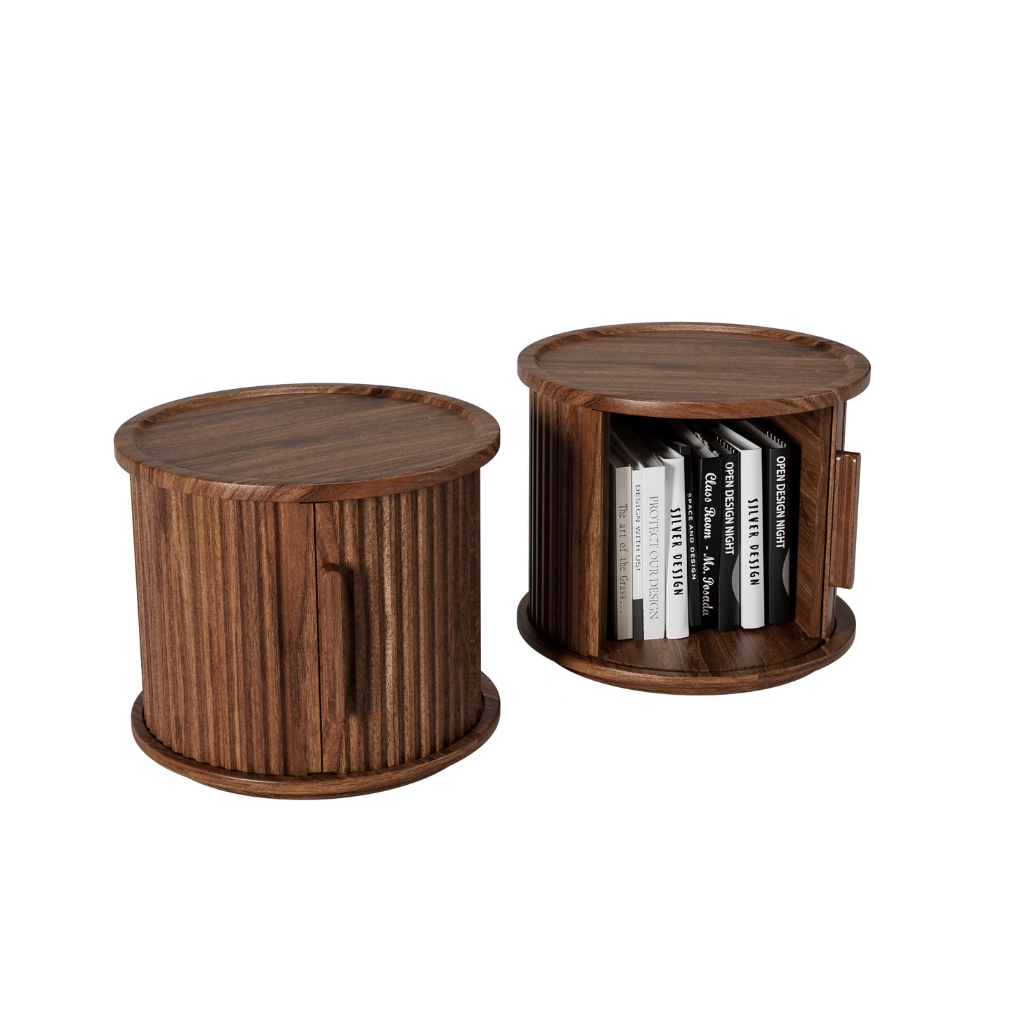 2Piece Round Coffee Table Set, Modern Nesting Side Tables with Sliding Door Storage, Walnut Finish Sofa End Table & Bedside Nightstand for Living Room & Bedroom, Fluted Roman Column Design Accent Tab image 8