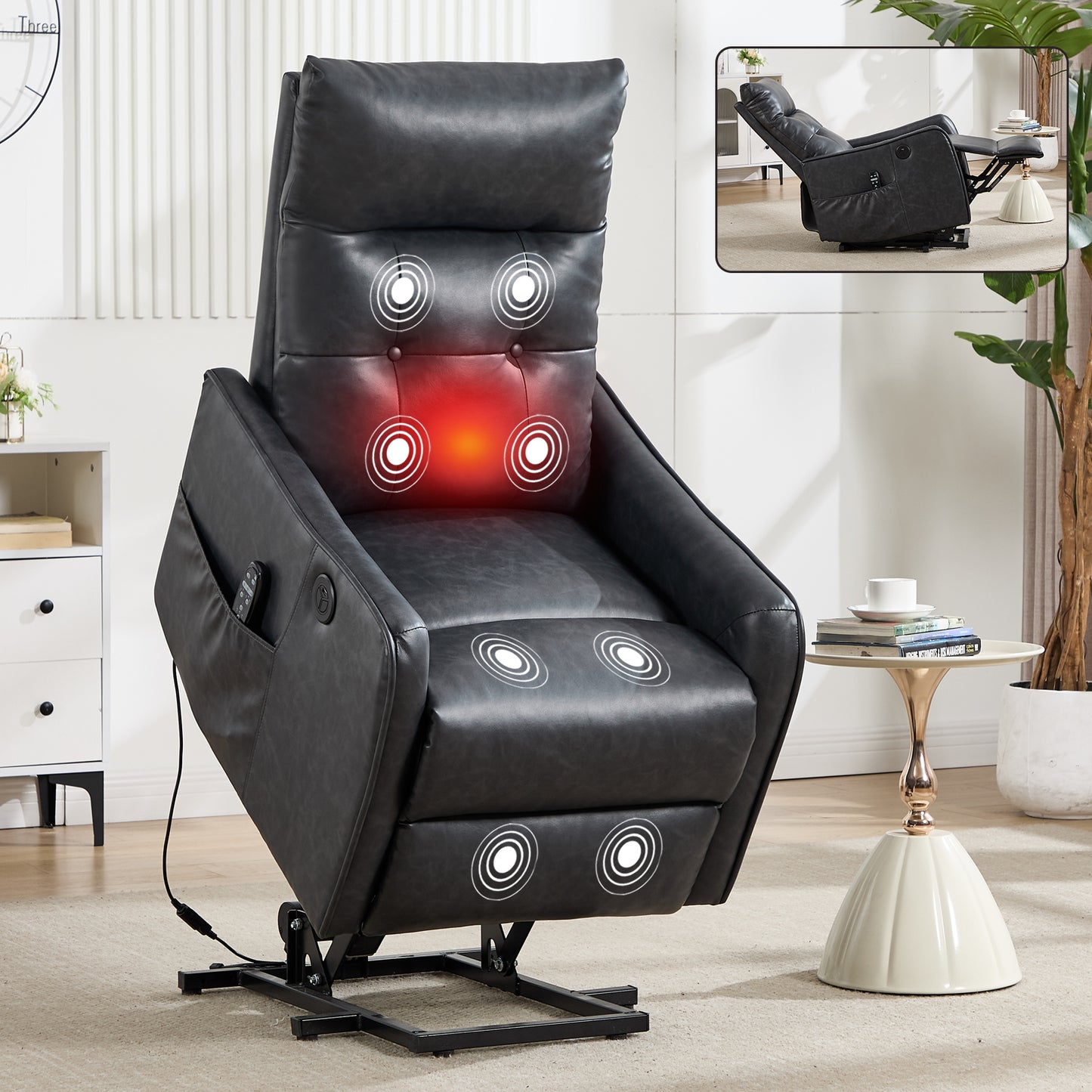 Deep Grey PU Single Motor Power Lift Recliner Chair with Massage and Heat for Elderly, Heavy Duty Motion Mechanism and One USB for Charging, Max Reclining Angle 155° image 10