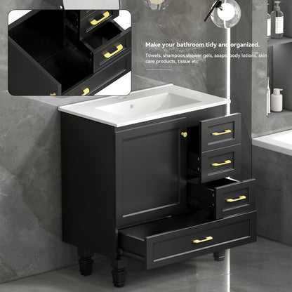 30"Black Bathroom Vanity. Abundant Storage Cabinet -2 Soft close doors and 4 drawers (excluding the ceramic basin) image 6