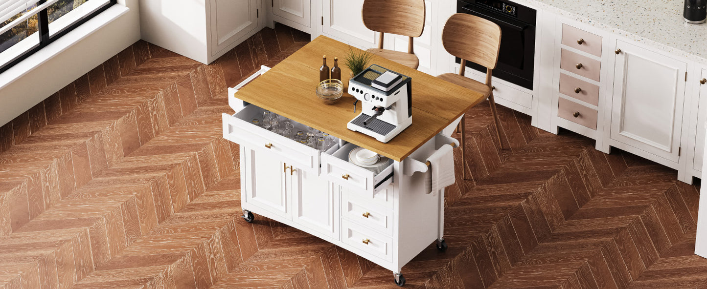 K&K 52'' Kitchen Island with Drop Leaf, Embossed Texture Kitchen Island on Wheels with Spice Rack, Towel Rack, 2 Doors and 5 Drawers, Kitchen Storage Cart with Adjustable Shelf for Kitchen, White image 7