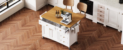 K&K 52'' Kitchen Island with Drop Leaf, Embossed Texture Kitchen Island on Wheels with Spice Rack, Towel Rack, 2 Doors and 5 Drawers, Kitchen Storage Cart with Adjustable Shelf for Kitchen, White image 7