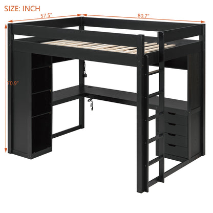 Full Size Solid Wood Loft Bed with L-Shaped Desk and 4 Drawers, Ash Veneer High Loft Bed with Smart APP Control LED Light Strip, USB Charging Ports and 4-Tier Open Shelves, Black image 12