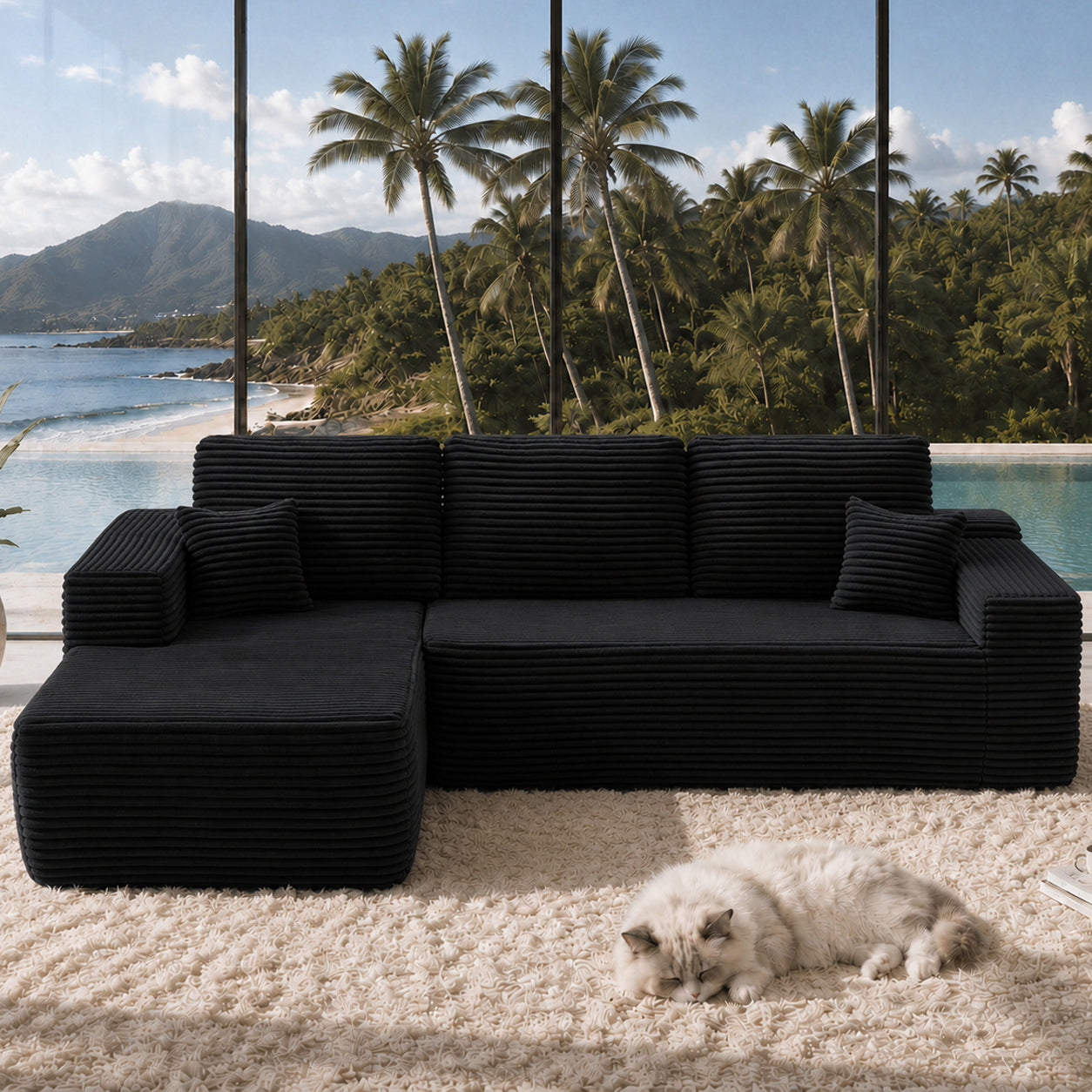 104" Cloud Sectional Sofa with L-Shape Chaise and Side Pockets, Modern Modular Design, Deep Seating, Upholstered Couch for Living Room/Bedroom, No Assembly Required (Plush Fabric), Black, Left-facing image 2