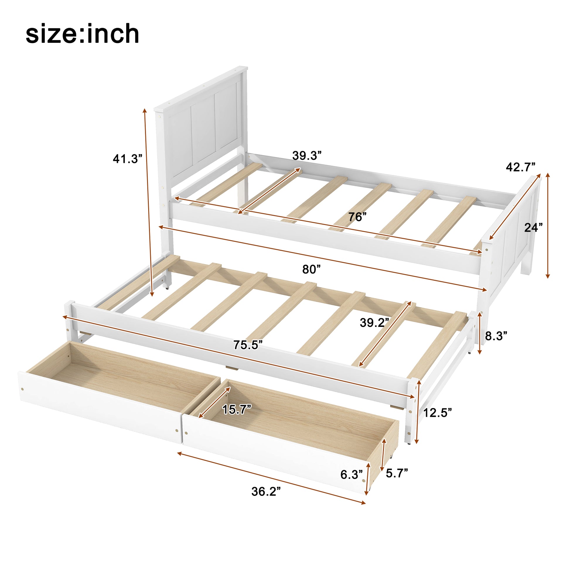 Twin Size Platform Bed with Trundle and Drawers, White(Old Sku:WF298815AAK) image 6