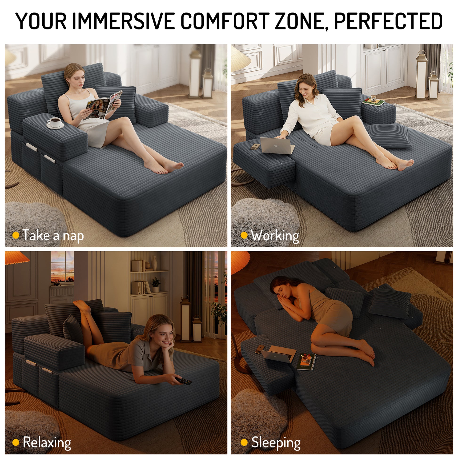 Luxurious Plush Corduroy Chaise Lounge with 3 Pillows, Convertible Sofa Bed with Storage Pocket, Frameless Design & Compression Foam for Small Spaces, Living Room, Apartment,Dark Gray image 9