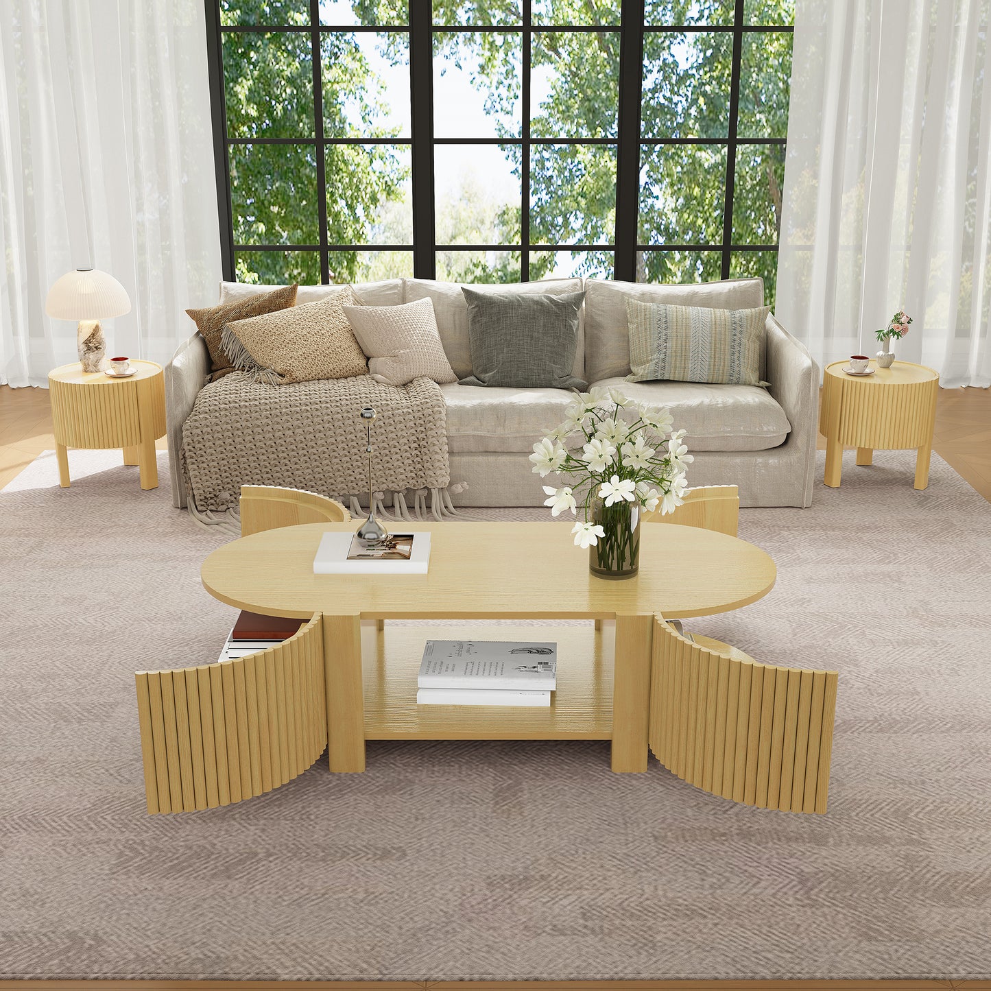 Oval Fluted Coffee Table with Storage for Living Room, Rubber Solid Wood, 1 shelf & 2 Open Storage Doors, Natural, 47" image 7
