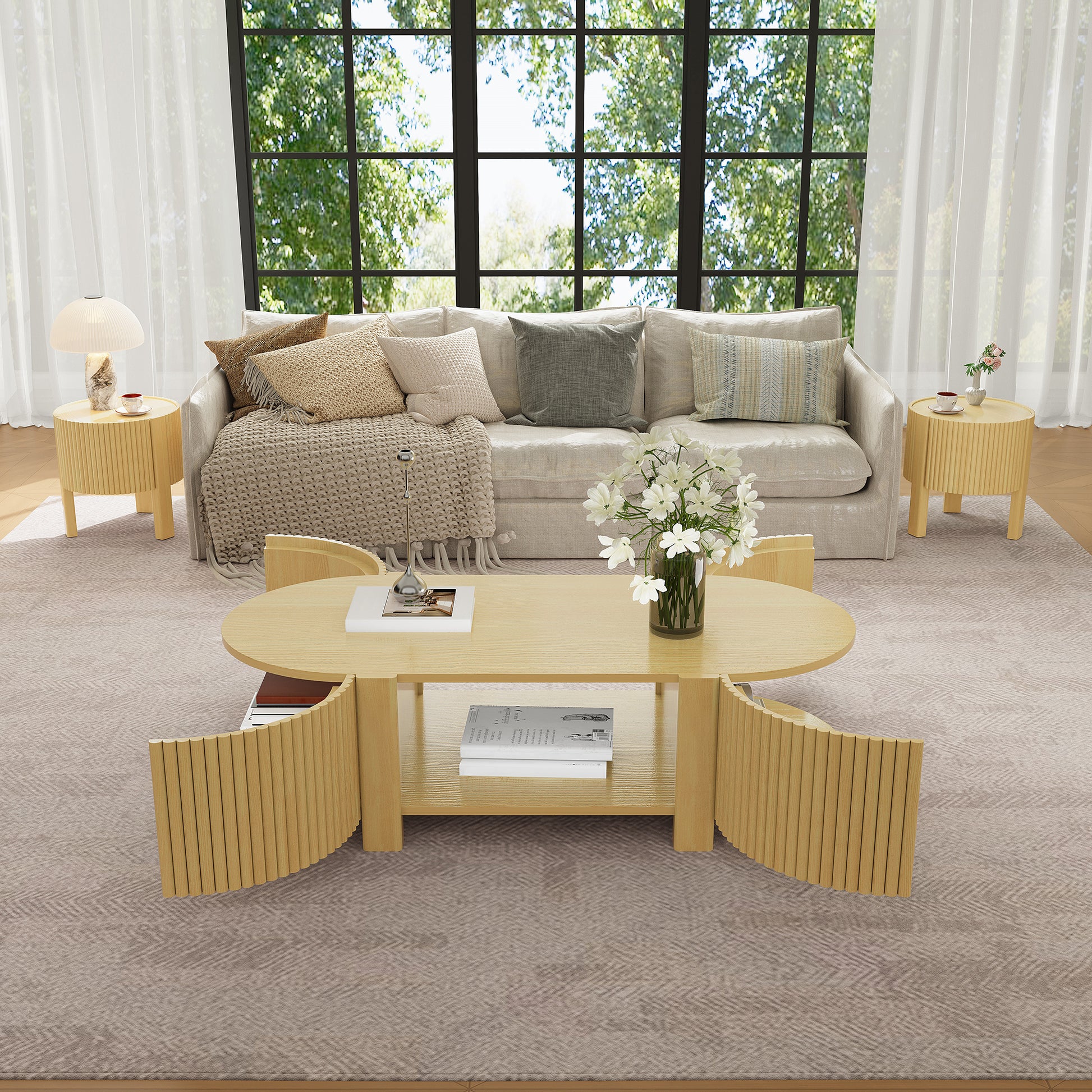 Oval Fluted Coffee Table with Storage for Living Room, Rubber Solid Wood, 1 shelf & 2 Open Storage Doors, Natural, 47" image 7