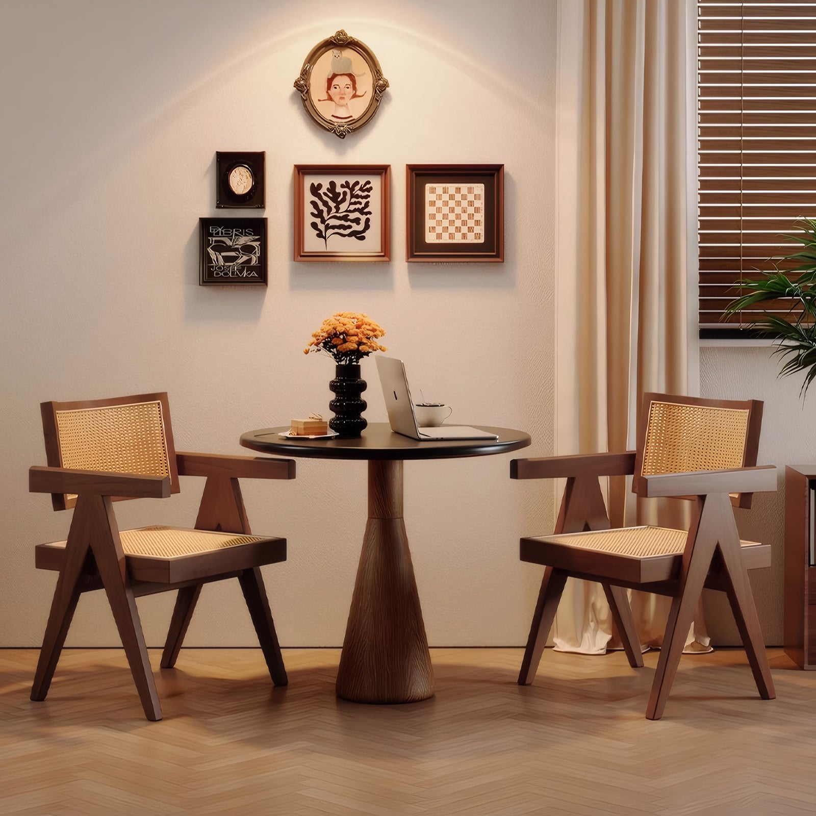 Modern Mid Century Dining Chairs Set of 2, Rattan Accent Chairs, Comfy Armchairs, Outdoor Wood Chairs with Armrest for Bedroom Living Room Reading Room Dining Kitchen, Brown image 1