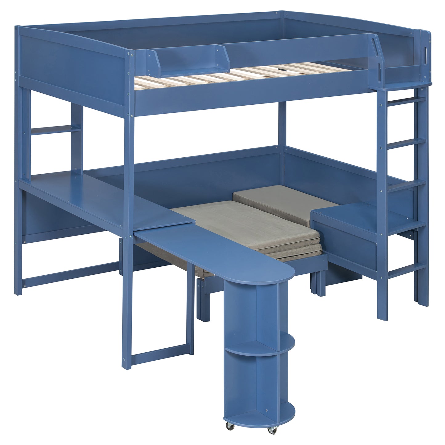 Full Size Wood Loft Bed with Desk, Bedside Storage Shelf, Sofa and Light, Navy Blue image 9
