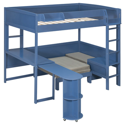 Full Size Wood Loft Bed with Desk, Bedside Storage Shelf, Sofa and Light, Navy Blue image 9