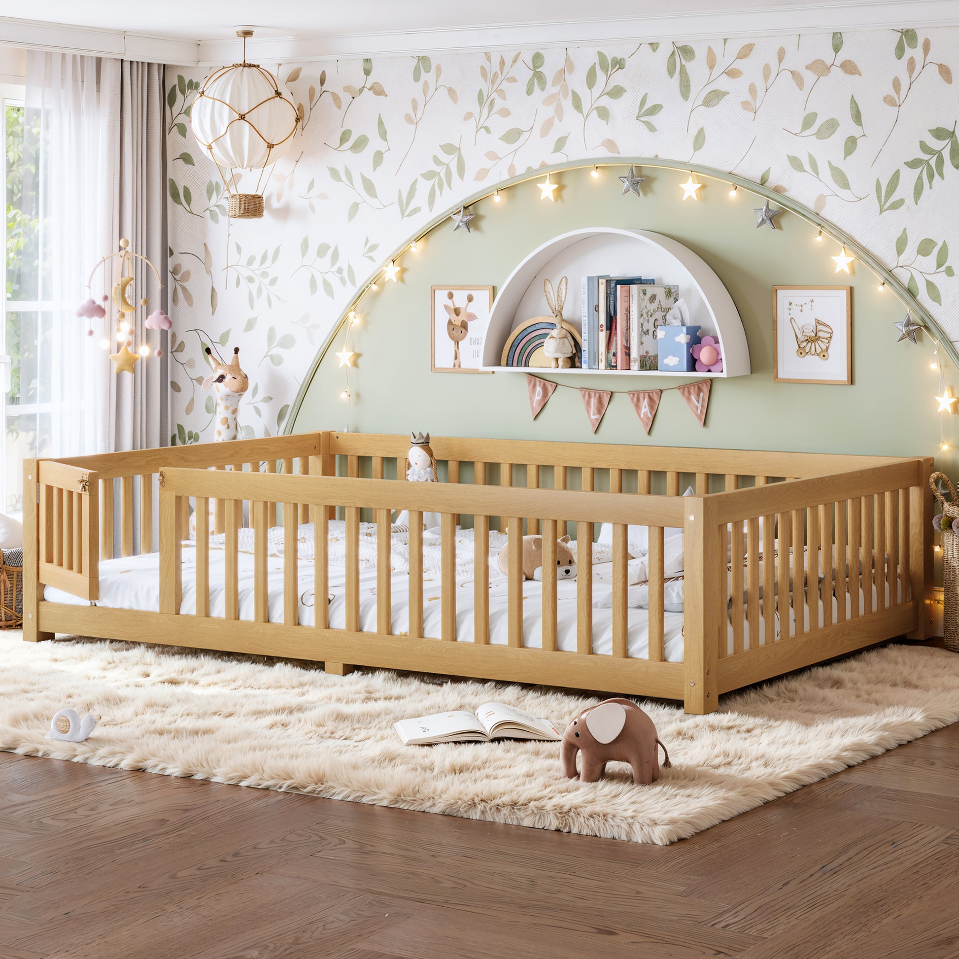 Queen Size Bed Floor Bed with Safety Guardrails and Door for Kids, Natural image 3