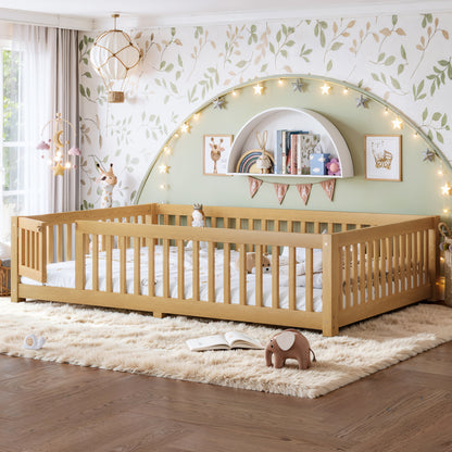 Queen Size Bed Floor Bed with Safety Guardrails and Door for Kids, Natural image 3