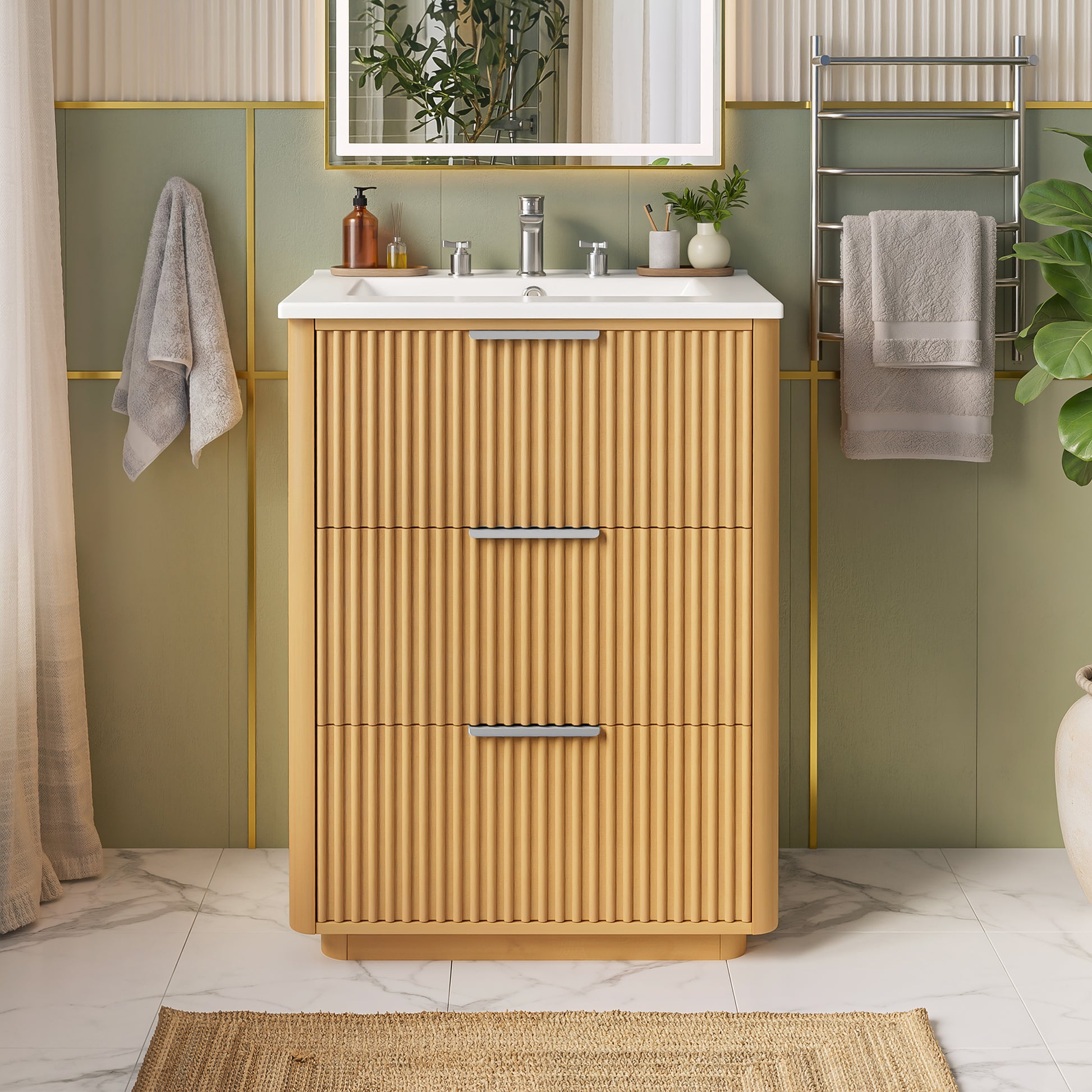 24 inch Modern Luxury Bathroom Vanity with Ceramic Sink, Bathroom Cabinet with Open Shelf and Closed Storage image 3