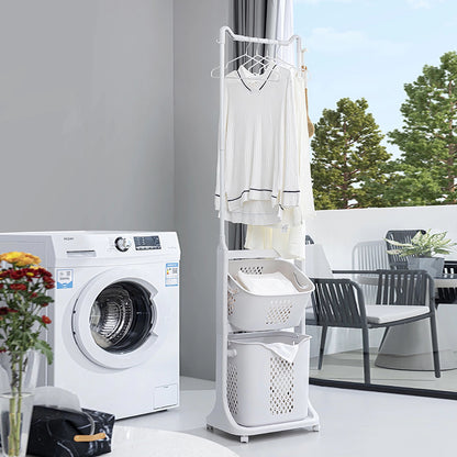 2-Tier Laundry Hamper Sorter with Hanging Bar, Rolling Laundry Baskets with Wheels Removable, Stackable Laundry Cart Organizer and Storage for Small Space, Dorm, Closet, Bathroom image 1