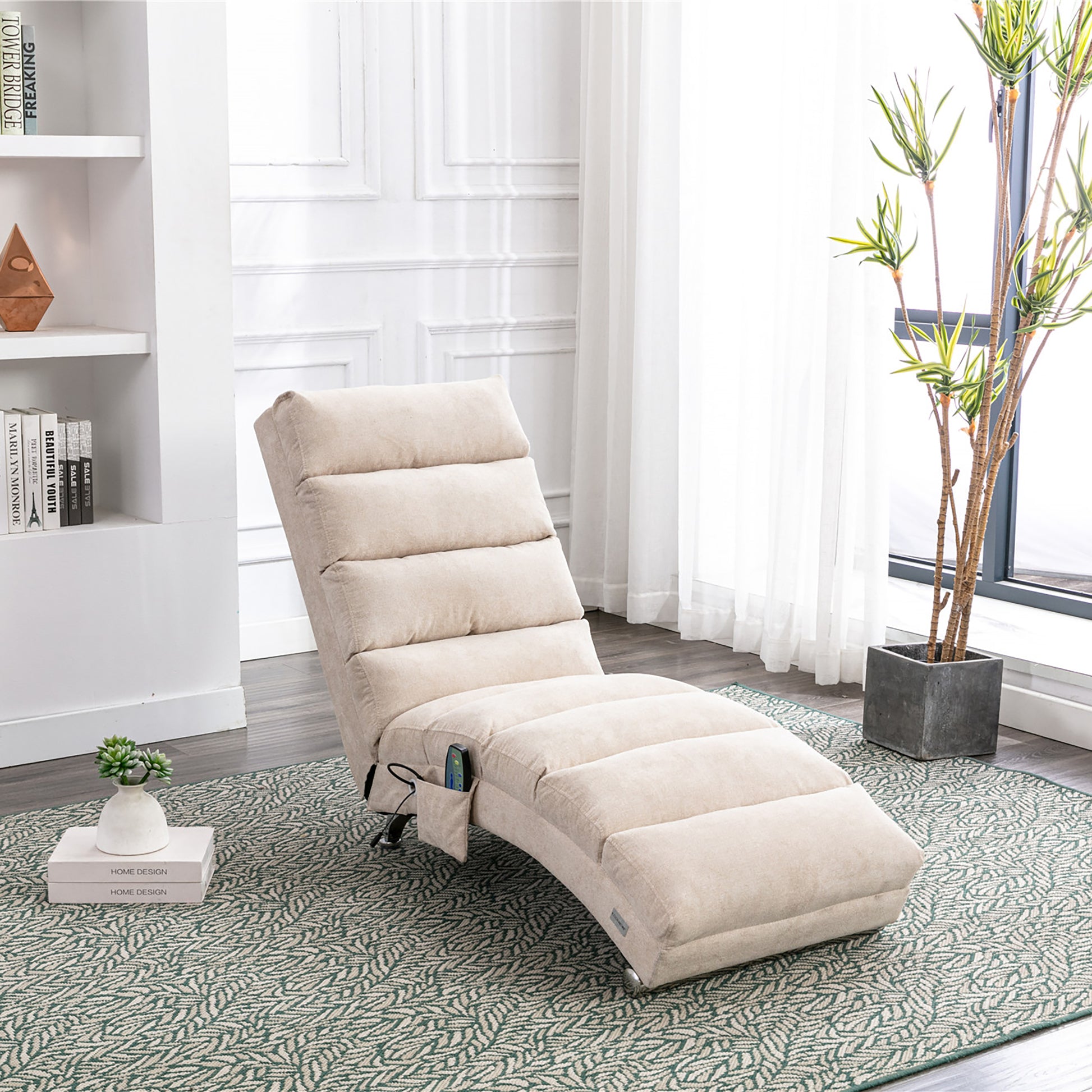 COOLMORE Luxury Upholstered Chaise Lounge Chair with Vibration for Relaxation, Modern Fixed Back Fabric Leisure Recliner Sofa for Living Room/Bedroom image 3