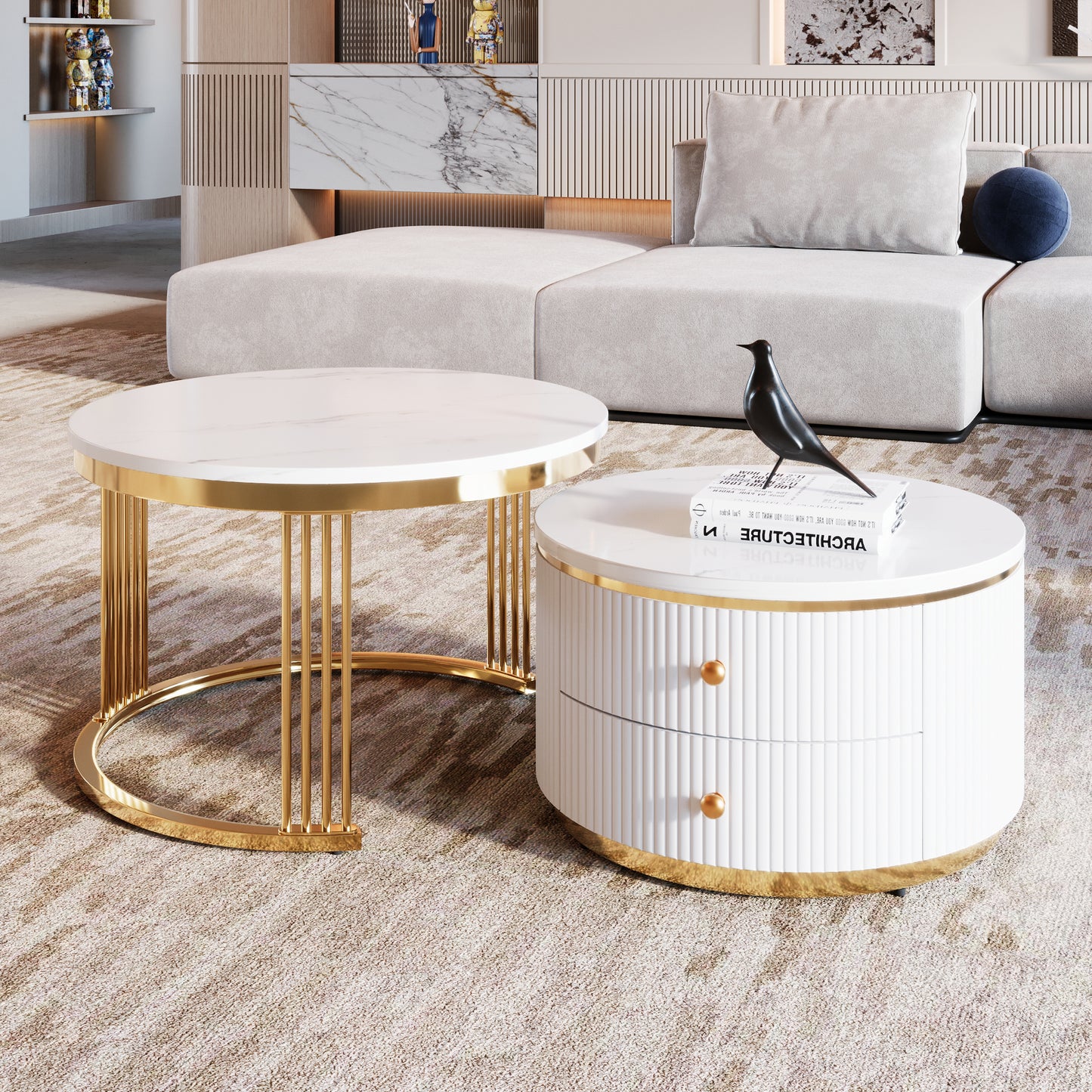 Modern 2 Pieces White Round Nesting Coffee Table with Drawers in 27.6'' image 4