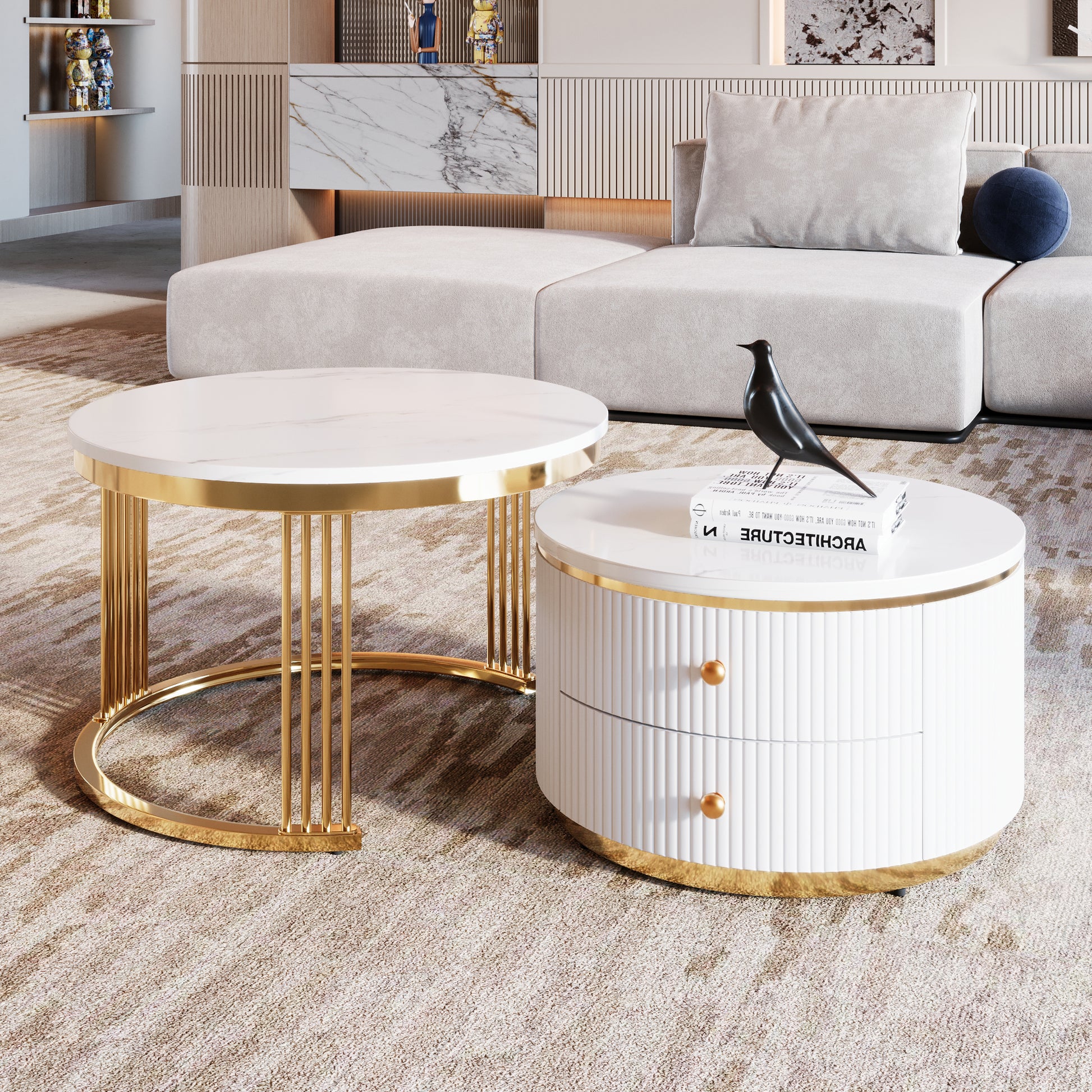 Modern 2 Pieces White Round Nesting Coffee Table with Drawers in 27.6'' image 4