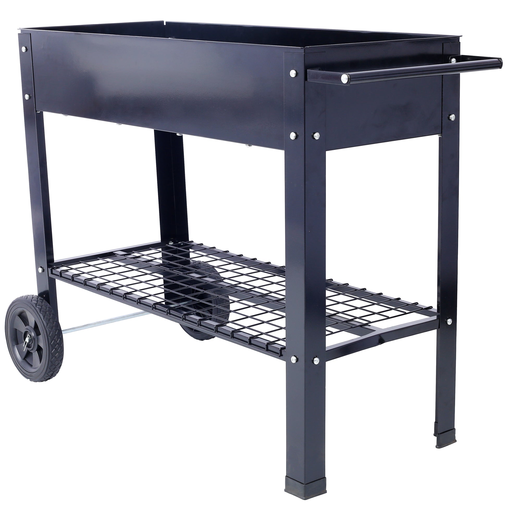 Products Elevated Mobile Raised Ergonomic Metal Planter Garden Bed for Backyard, Patio w/Wheels, Lower Shelf, black image 7