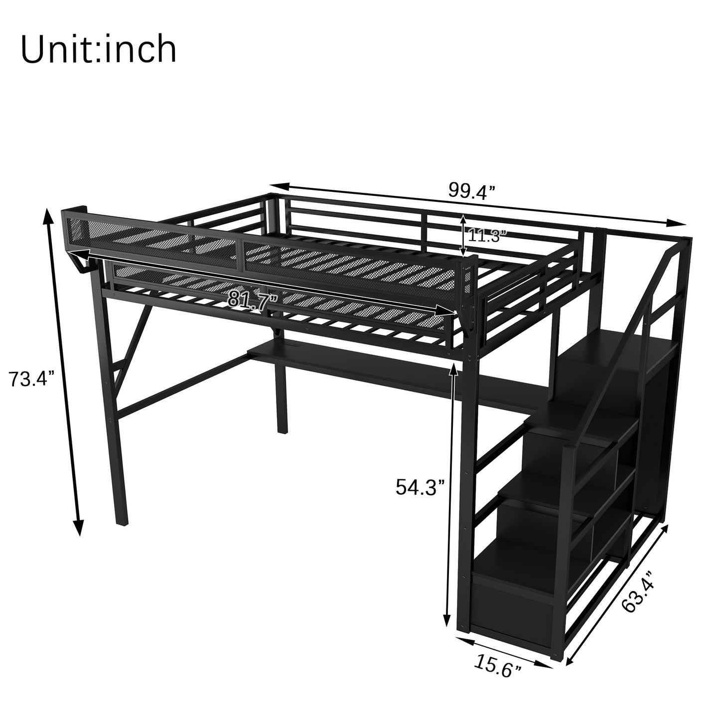 Queen Loft Bed with Desk and Charging Station, Queen Size Metal Loft Bed with Stairs and Light for Kids Teens, Black (Expect Arrival Date 2026/3/25) image 6