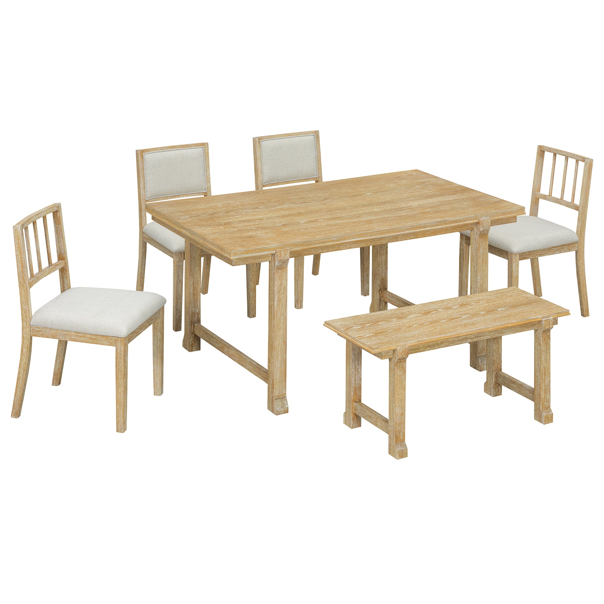TREXM 6-Piece Farmhouse Dining Set for 6, Kitchen & Dining Room Sets with Solid Wood Legs and Frame, Ergonomic Dual-Style Chairs, Ideal for Kitchen & Dining Room (Natural Wood Wash+ Beige) image 7