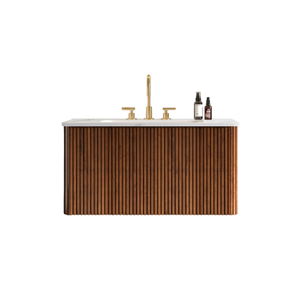 Etna 30" Striped Walnut Bathroom Vanity with Carrara White Ceramic Sink, Wall Mounted Floating Bathroom Vanity for Modern Bathroom, KD image 3