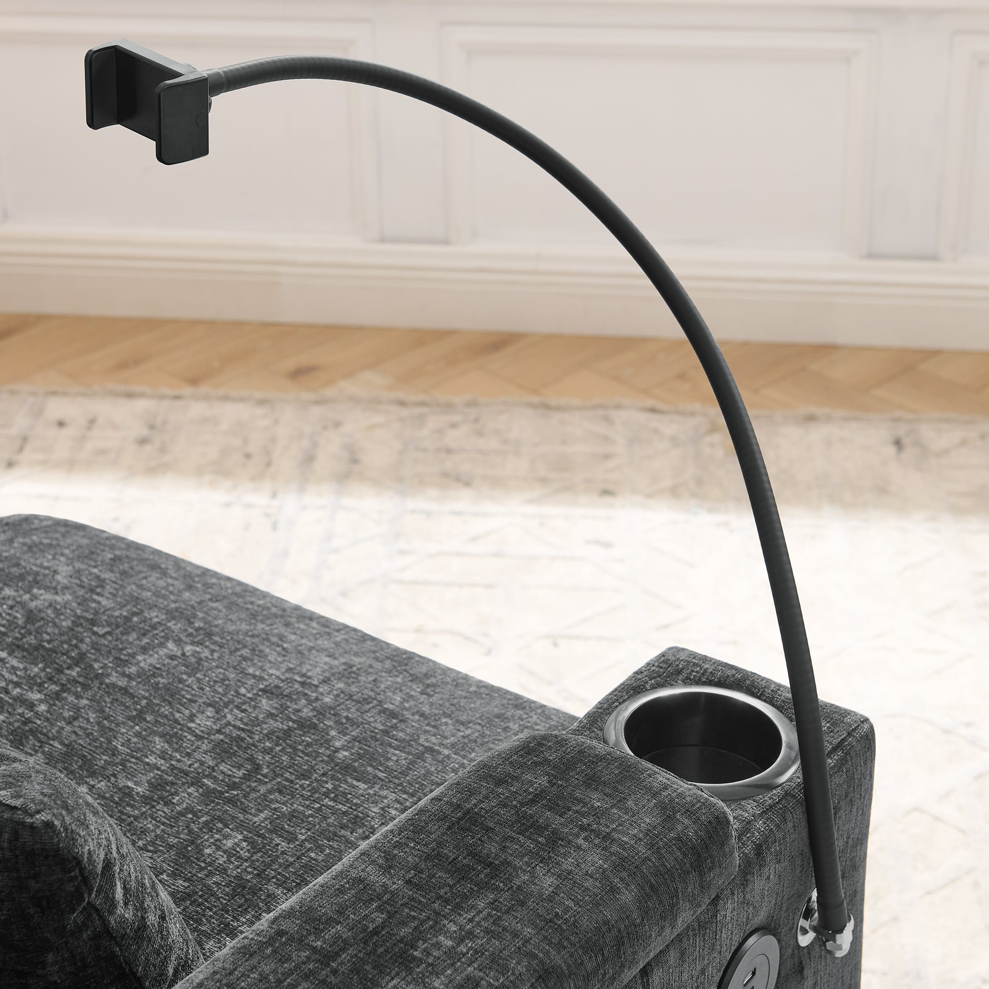 Single sofa recliner with manually adjustable backrest, USB charging port on the armrest side, phone stand included, hidden armrest storage, and a matching storage ottoman-Black image 9