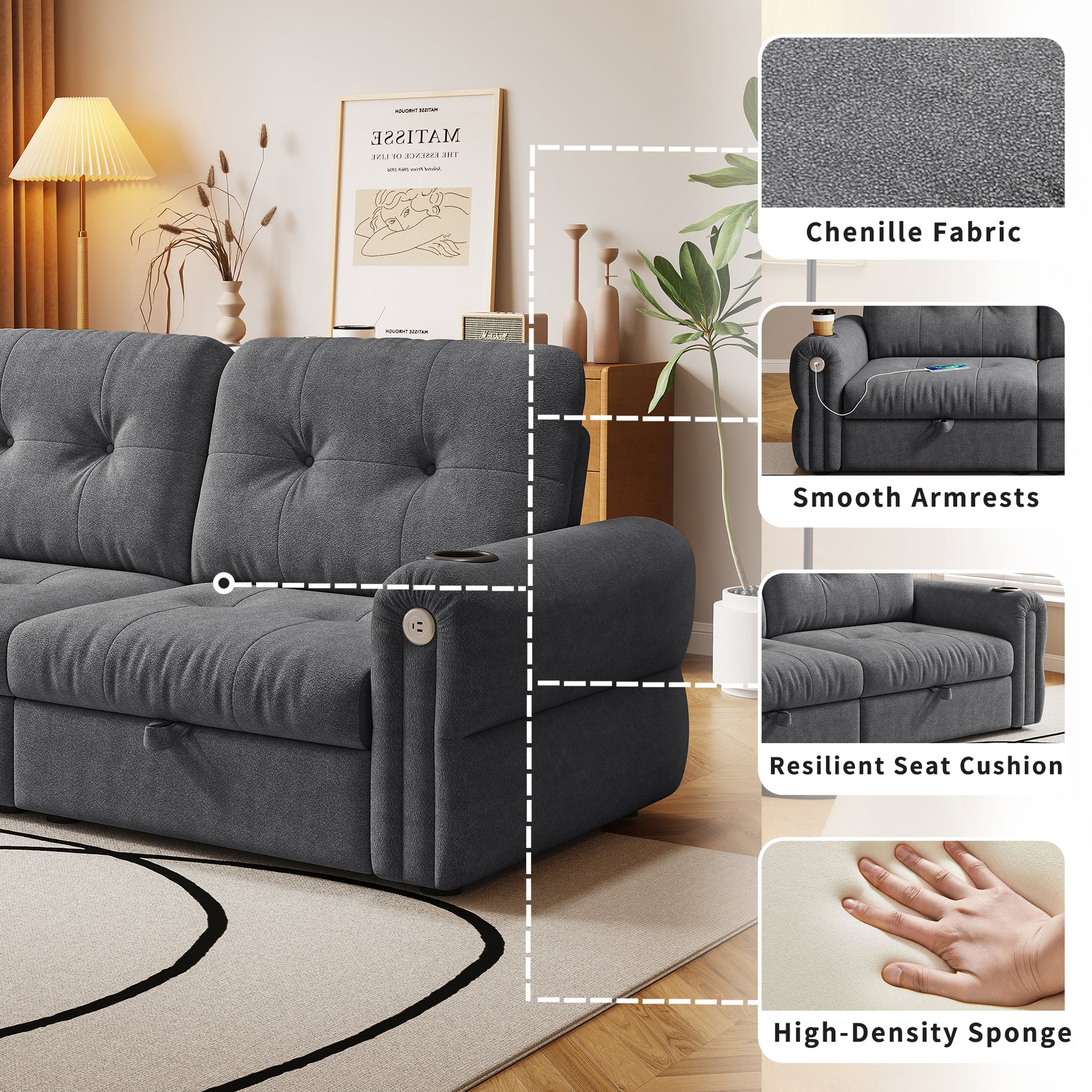 It is a multi-functional sofa, a 77-inch convertible sofa bed, and a 2-in-1 piece suitable for both sitting and lying down. Made of Chenille fabric, it is suitable for living rooms, bedrooms image 7