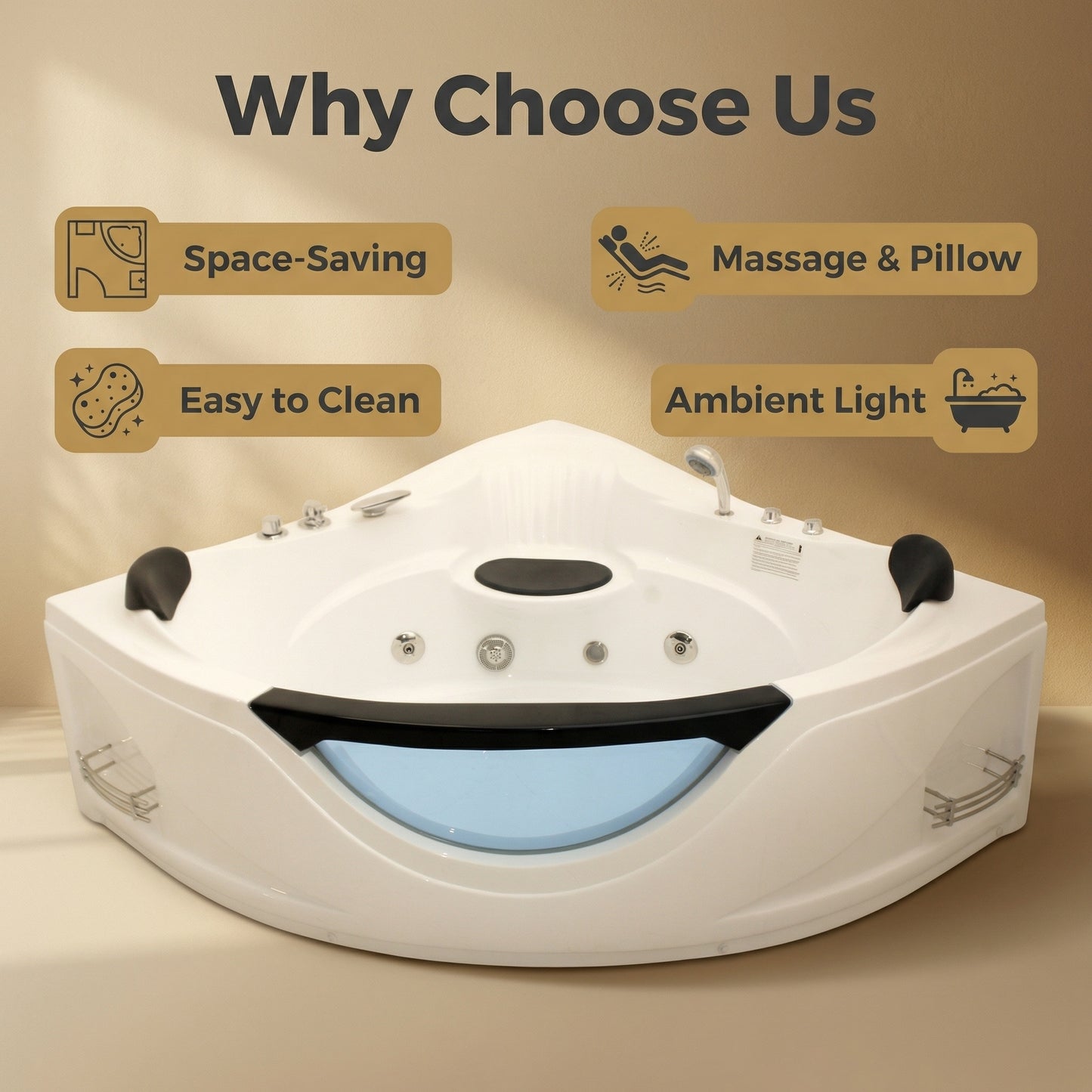 59" Corner Whirlpool Bathtub for 2-Person, Luxury Jetted Spa Tub with 6 Hydro Massage Jets, Chromatherapy LED Lights &Pneumatic adjust system, UL Certified water pump,UPC Certified drainer image 8